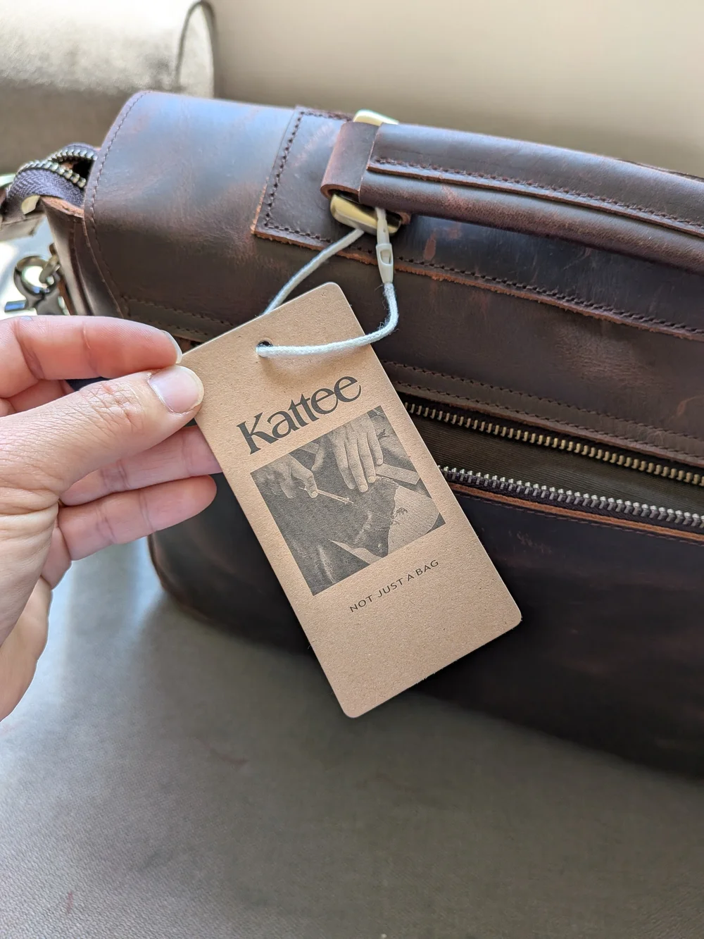 Kattee Classic Brown Leather Messenger Bag with Monogram AR